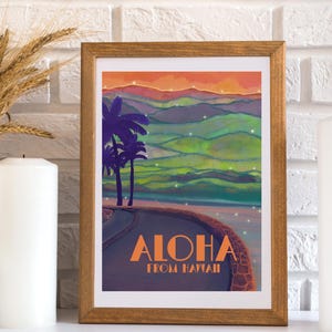 Impression d'art affiche carte postale Hilo Hawaii, téléchargement numérique, route tropicale, art mural Mauna Kea, photo aquarelle d'été coucher de soleil,