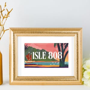 Arte de parede da Ilha 808, impressão de cartão postal, download digital, impressão do Havaí, decoração de parede da ilha, pôster tropical vibrante, placa de carro do Havaí