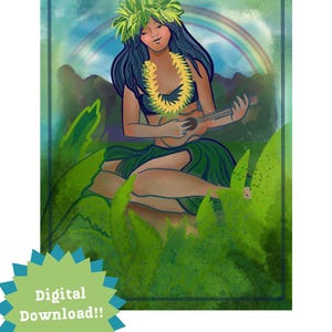 Hula Girl Playing Ukulele In Haku, With Rainbow, in Hawaii, Digital Art, Wahine, Wall Poster, Gift for her