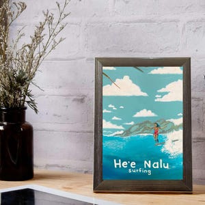 Surfer Girl On a Wave, About to Hang10 , Hawaiian Olelo & translation,  6x8 Hand-painted Wall Hanging on Wood, Original Surf Art, Home Decor