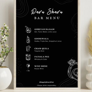 Menu de bar élégant pour mariage indien/pendjabi/desi | Carte des cocktails Daru Sharu | Menu de barre Peg Sheg | Carte des boissons de mariage Desi
