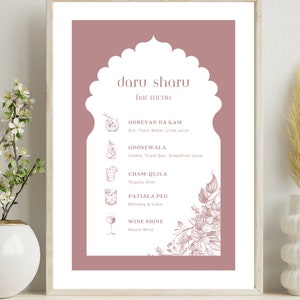 Menu de bar rose chic pour mariage indien/Punjabi/Desi | Carte de cocktails de boissons signature | Menu de la barre Peg Sheg | Menu de boissons de mariage Desi
