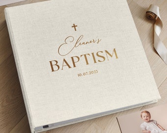 Personalized Baby Baptism Memory Album | Linen Photo Scrapbook with Self-Adhesive Pages | Christening Keepsake Gift for Boys-Girls, New Moms