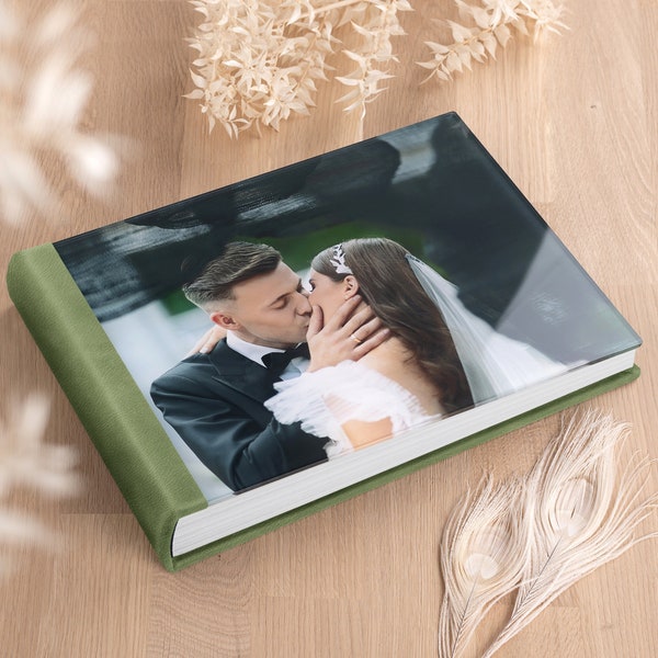 Leather Wedding Photo Album with Glass Cover | Luxury Lay Flat Photo Book | Bespoke Flash Mount Album | Photos Printed Directly on Pages