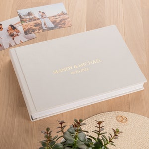 Lay Flat Wedding Photo Album Personalized with Gold Foil, Velvet Flush Mount Photo Album with Printed Photos | Hand Made by Arcoalbum