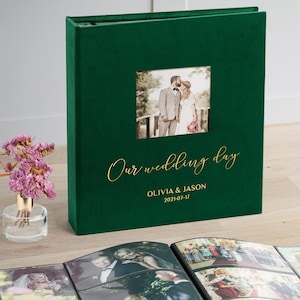 Wedding Photo Album with Sleeves for up to 1000 4x6 Photos, Large Green Velvet Slip In Photo Album with Photo Window