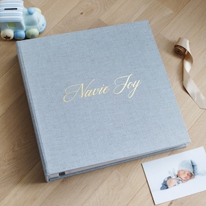 Baby Memory Scrapbook Album, Linen Baby Photo Album with Sticky Pages, First Year Baby Self Adhesive Photo Book, Baby Shower or New Mom Gift
