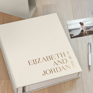 Álbum de fotos de boda autoadhesivo, libro de aniversario personalizado, álbum de recortes familiar de lino grande, regalo de boda más vendido / Hecho por Arcoalbum