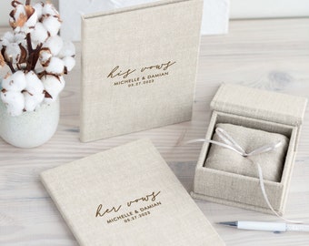 Hochzeit Ringbox + Gelübdebücher, Ringträgerbox aus Leinen mit herausnehmbarem Ringträgerkissen + Ehegelübdebüchlein, Bestseller von Arcoalbum