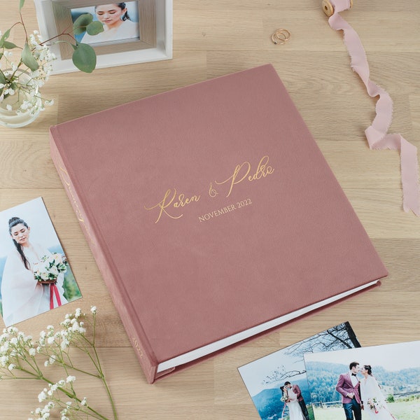 Large Wedding Slip-In Photo Album With Sleeves for 100-1000 4x6" Photos, Personalized Blush Pink Velvet Photo Book Hand Made in Europe