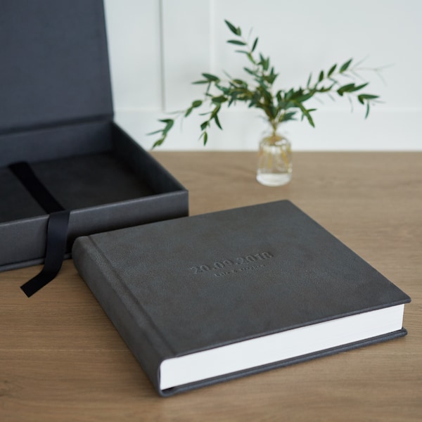 Lay Flat Wedding Album with a Box, Eco Leather Photo Album with Embossed Cover and The Box, Wedding Flush Mount Album