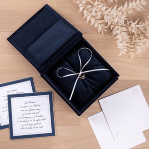 Wedding Ring Box and Vows - The Best Seller, Personalized Ring Box with Vows, Blue Velvet Ring Bearer Box with Removable Ring Bearer Pillow