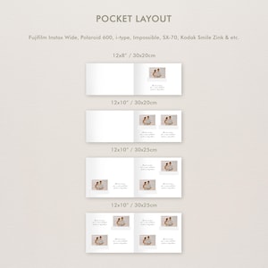 Puede incluir: Dise&ntilde;o de &aacute;lbum de fotos blanco con el texto "POCKET LAYOUT" y "Fujifilm Instax Wide, Polaroid 600, i-type, Impossible, SX-70, Kodak Smile Zink & etc.". El dise&ntilde;o muestra diferentes tama&ntilde;os de &aacute;lbum, incluyendo 30x20cm y 30x25cm.