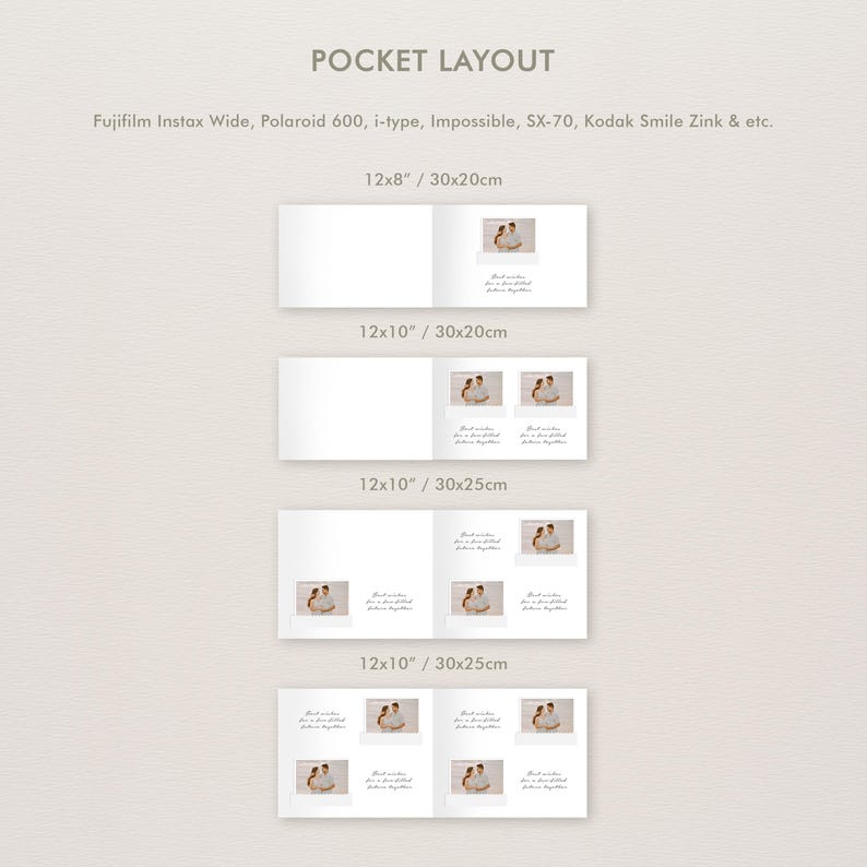 Puede incluir: Dise&ntilde;o de &aacute;lbum de fotos blanco con el texto "POCKET LAYOUT" y "Fujifilm Instax Wide, Polaroid 600, i-type, Impossible, SX-70, Kodak Smile Zink & etc.". El dise&ntilde;o muestra diferentes tama&ntilde;os de &aacute;lbum, incluyendo 30x20cm y 30x25cm.