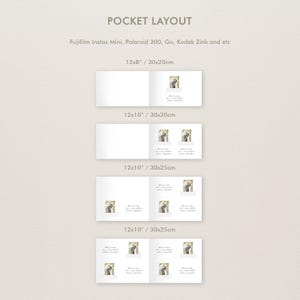 Puede incluir: Dise&ntilde;o de dise&ntilde;o para fotos de bolsillo, con varios tama&ntilde;os y formatos. El texto incluye "POCKET LAYOUT" y menciona la compatibilidad con Fujifilm Instax Mini, Polaroid 300, Go y Kodak Zink. Los tama&ntilde;os son 30x20cm y 30x25cm.