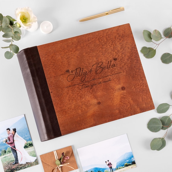 Wood and Leather Wedding Album, Engraved Mahogany Veneer Photo Album, Large  Travel Photo Album, Family Scrapbook Album Hand Made in Europe 