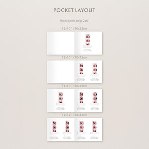 Puede incluir: Un dise&ntilde;o de dise&ntilde;o de bolsillo blanco con cuatro ejemplos de tiras de fotomat&oacute;n. Cada tira mide 2x6 pulgadas y contiene una serie de fotos. El dise&ntilde;o incluye el texto "POCKET LAYOUT" y "Photobooth strip 2x6" y las dimensiones 30x25cm.