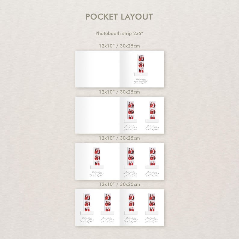 Puede incluir: Un dise&ntilde;o de dise&ntilde;o de bolsillo blanco con cuatro ejemplos de tiras de fotomat&oacute;n. Cada tira mide 2x6 pulgadas y contiene una serie de fotos. El dise&ntilde;o incluye el texto "POCKET LAYOUT" y "Photobooth strip 2x6" y las dimensiones 30x25cm.