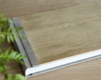 Lay Flat Wedding Album, Wooden and Genuine Leather Photo Album, Flush Mount Grey Oak Wedding Album