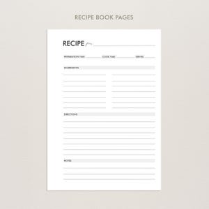 May include: A white recipe book page template featuring black text and lines. The layout includes sections for Recipe for, Preparation Time, Cook Time, Serves, Ingredients, Directions, and Notes, with blank lines provided for handwritten entries.