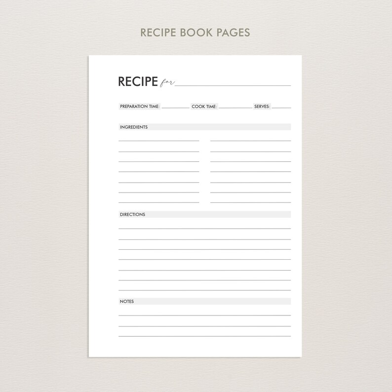 May include: A white recipe book page template featuring black text and lines. The layout includes sections for Recipe for, Preparation Time, Cook Time, Serves, Ingredients, Directions, and Notes, with blank lines provided for handwritten entries.