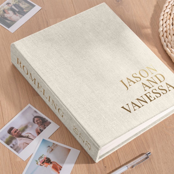 Linen Wedding Guest Book Alternative, Vertical Personalized Photo Guestbook for all Instant Photos, Photo Booth Book for 2x6 and 4x6 Photos