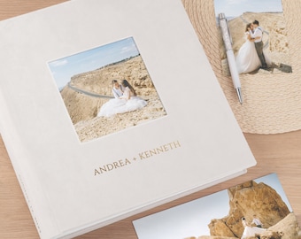 Large Wedding Photo Album with Photo Window | Traditional Book-Bound Scrapbook | Wedding Anniversary Gift Book | Linen or Velvet Cover