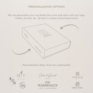 K&ouml;nnte beinhalten: Eine hellfarbene Ringordnerbox mit dem Text "DECORA INTERIOR DESIGN". Das Bild zeigt Personalisierungsoptionen, einschlie&szlig;lich Logos, Initialen und Text. Beispiele f&uuml;r anpassbare Schriftarten und Designs werden unter der Box angezeigt.