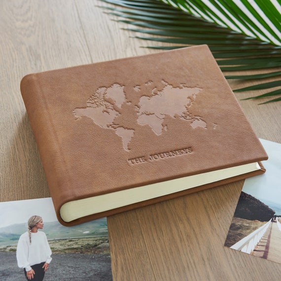Leather Travel Photo Album, Large Scrapbook Album With Embossed World Map,  Custom Travel Photo Book Hand Made in Europe 