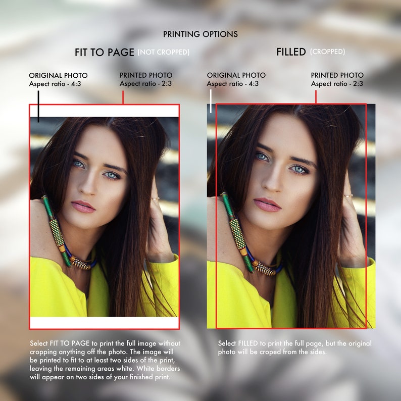 May include: Two images of a woman with long dark hair wearing a yellow shirt and a colorful beaded necklace. The image on the left shows the original photo, while the image on the right shows the photo cropped to fit the page.