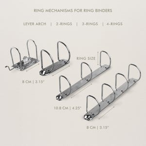 K&ouml;nnte beinhalten: Abbildung verschiedener Ringmechanismen f&uuml;r Ringordner, darunter Hebelmechanismus, 2-Ring-, 3-Ring- und 4-Ring-Mechanismen. Ma&szlig;e in cm und Zoll. Der Text "RING MECHANISMS FOR RING BINDERS" steht oben.