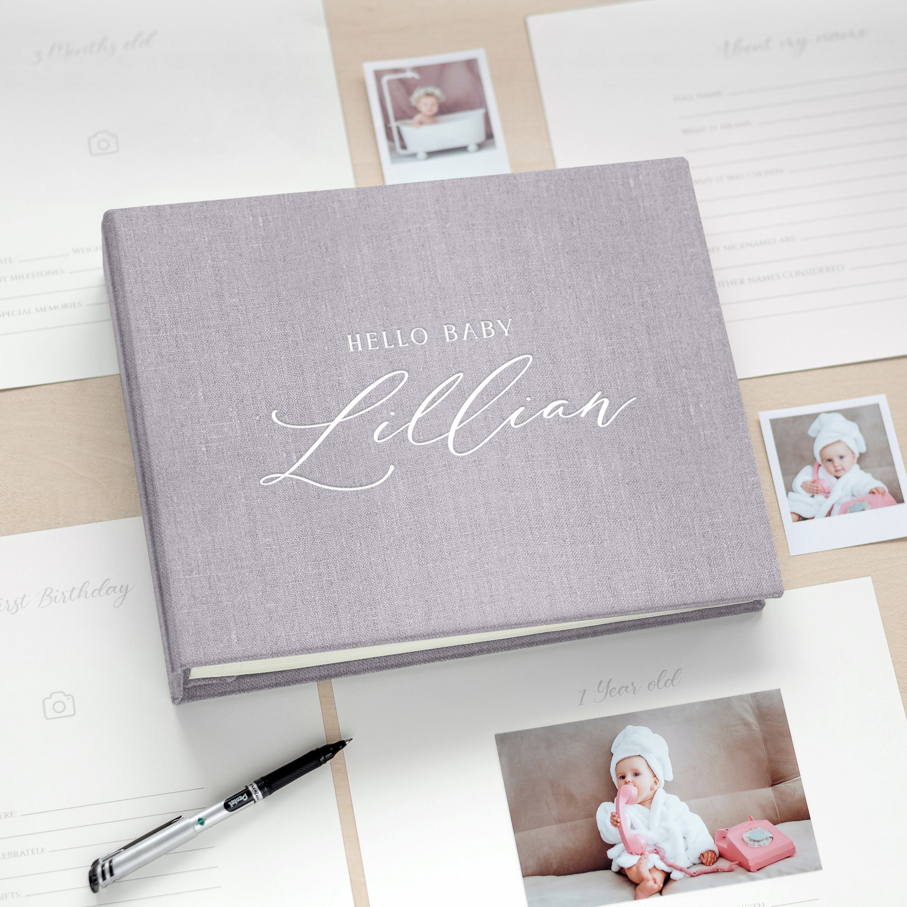 First Year Baby Girl Memory Book, Personalized Linen Baby Boy