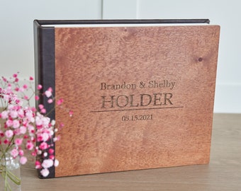 Traditional Book Bound Wedding Photo Album, Wooden and Leather Cover Photo Album, Custom Engraved Wedding Book, Personalized Dry Mount Album