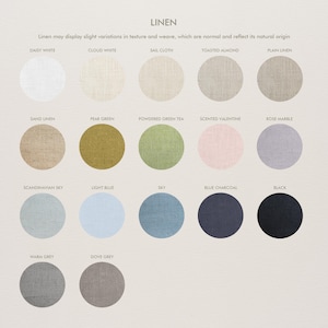 May include: A color chart of linen fabric swatches in various shades, including Daisy White, Cloud White, and Scandinavian Sky. The text "LINEN" is at the top, with a description of the fabric's natural variations.