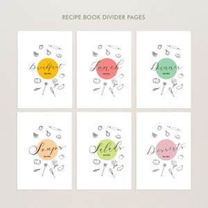 May include: Six white recipe book divider pages featuring the text Breakfast, Lunch, Dinner, Soups, Salads, and Desserts. Each page includes a central colored circle and black line drawings of kitchen utensils and food items like whisks and vegetables.