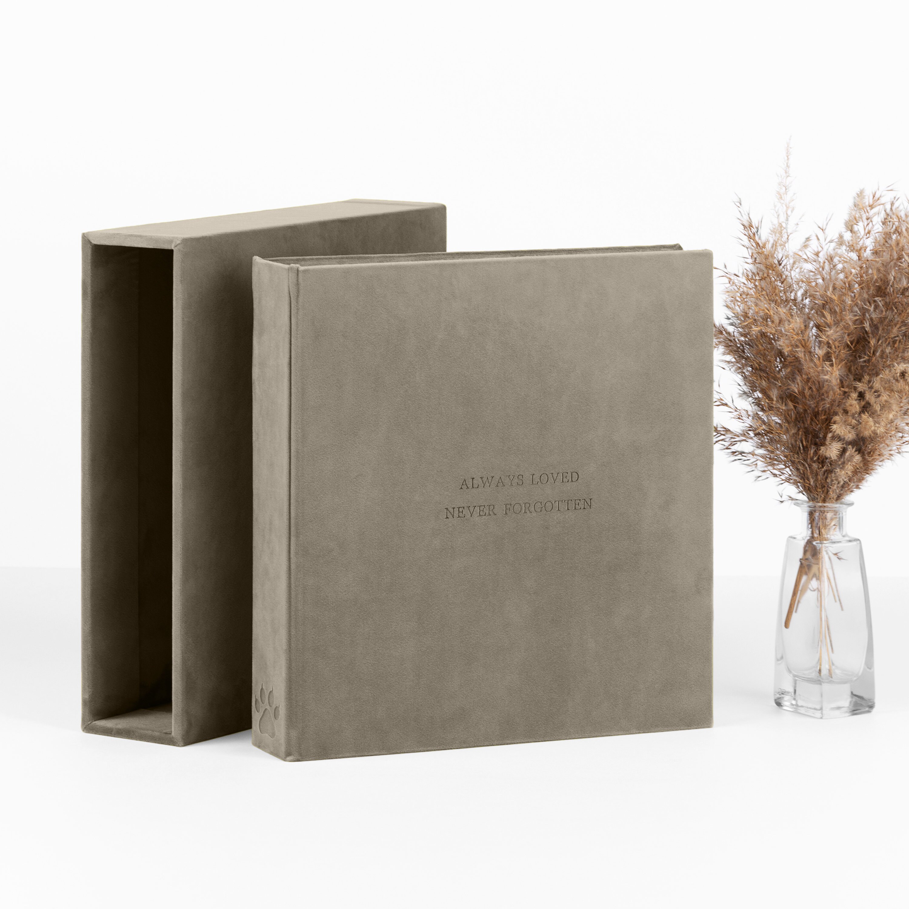 Cat or Dog Memorial Album With Embossed Text and Paw, Cat-Dog Scrapbook Photo Album, Velvet Self Adhesive Photo Album + Slipcase (Optional)