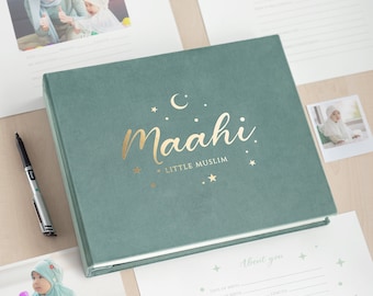 Islamitisch babygeheugenboek | Gepersonaliseerde moslim aandenkenalbum | Aangepast halal babydagboek | Fotoboek met verwijzingen naar de koran en hadith