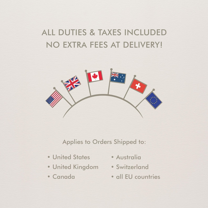 May include: A graphic featuring the text ALL DUTIES & TAXES INCLUDED NO EXTRA FEES AT DELIVERY! and Applies to Orders Shipped to: United States, United Kingdom, Canada, Australia, Switzerland, all EU countries, with seven small flags in an arc.