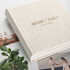 Álbum de fotos de boda tradicional grande encuadernado en forma de libro, álbum de recortes de aniversario de lino, libro de fotos familiar moderno, álbum de fotos como regalo de bodas