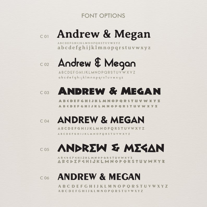 Op de afbeelding: Een lijst met zes lettertypeopties gelabeld C01 tot en met C06, elk met de namen Andrew & Megan in een uniek lettertype, gevolgd door het volledige alfabet in hoofdletters en kleine letters, weergegeven in zwart op een lichte achtergrond.