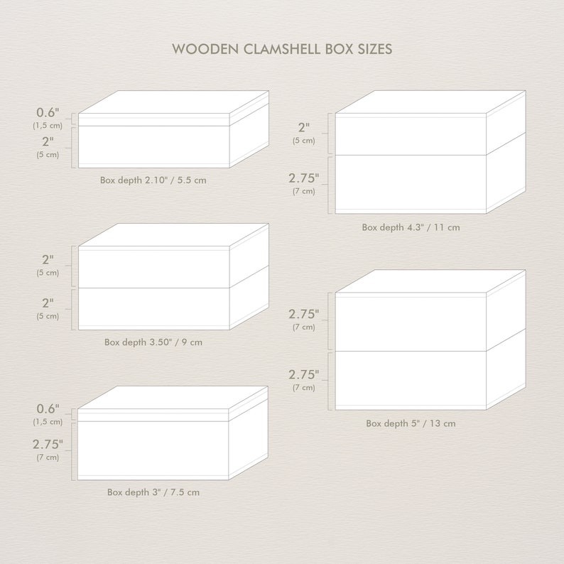 May include: Diagram showing five different sizes of wooden clamshell boxes. The boxes are white with dimensions in inches and centimeters. The text "WOODEN CLAMSHELL BOX SIZES" is at the top of the image.