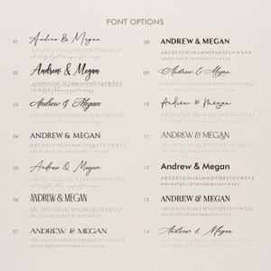 May include: A digital chart titled FONT OPTIONS displaying fourteen distinct black typeface styles numbered 01 through 14. Each entry features the names Andrew & Megan followed by the full uppercase and lowercase alphabet in that specific font style.