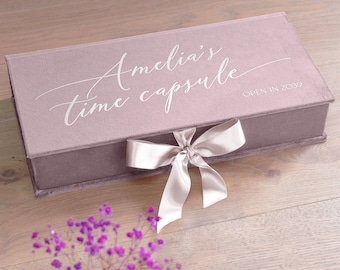 Baby Time Capsule Box, Baby Keepsake Box with Ribbon Closure, Large Velvet Memory Box, Personalized Baby Memory Box, Christening Box