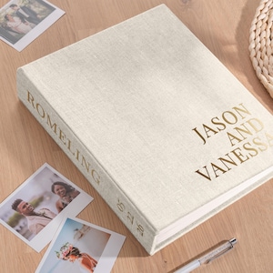 Linen Wedding Guest Book Alternative, Vertical Personalized Photo Guestbook for all Instant Photos, Photo Booth Book for 2x6 and 4x6 Photos.