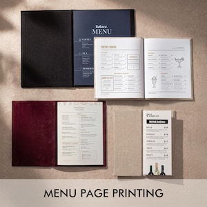 May include: Four open menu covers with printed inserts. One black cover with Solace menu, one beige book-style menu, one burgundy cover with Pizza menu, and one beige narrow cover with The Sommelier wine menu. Text reads MENU PAGE PRINTING.