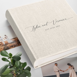 Álbum de fotos de boda de lino: regalo de boda moderno, álbum de recortes de aniversario, álbum de fotos grande con encuadernación en forma de libro tradicional, álbum de viajes familiares