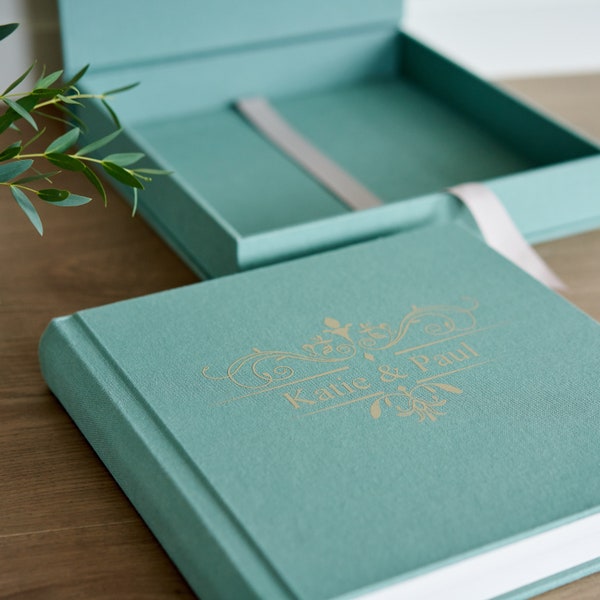 Linen Lay Flat Wedding Album with a Box, Personalized Cotton Flush Mount Photo Album with a Box