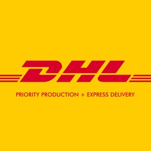 May include: A bright yellow square graphic featuring the red DHL logo in the center, with three horizontal red lines extending from the sides of the letters. Below the logo, the text reads PRIORITY PRODUCTION + EXPRESS DELIVERY in red.
