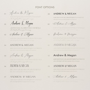 May include: A display of fourteen different font options for names, with the names "Andrew & Megan" shown in various styles. The text "FONT OPTIONS" is at the top. Each font is accompanied by the alphabet in uppercase and lowercase.