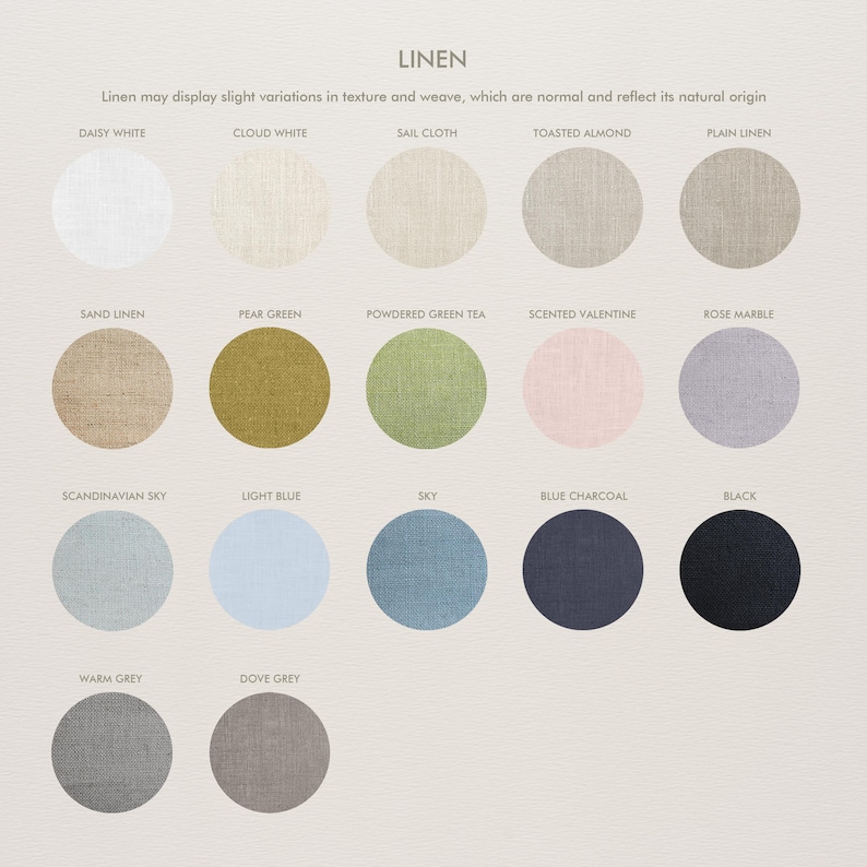 K&ouml;nnte beinhalten: Eine Farbkarte mit Leinenstoffmustern in verschiedenen Farbt&ouml;nen, darunter Daisy White, Pear Green und Blue Charcoal. Der Text "LINEN" steht oben, mit einer Beschreibung der Stoffstruktur.